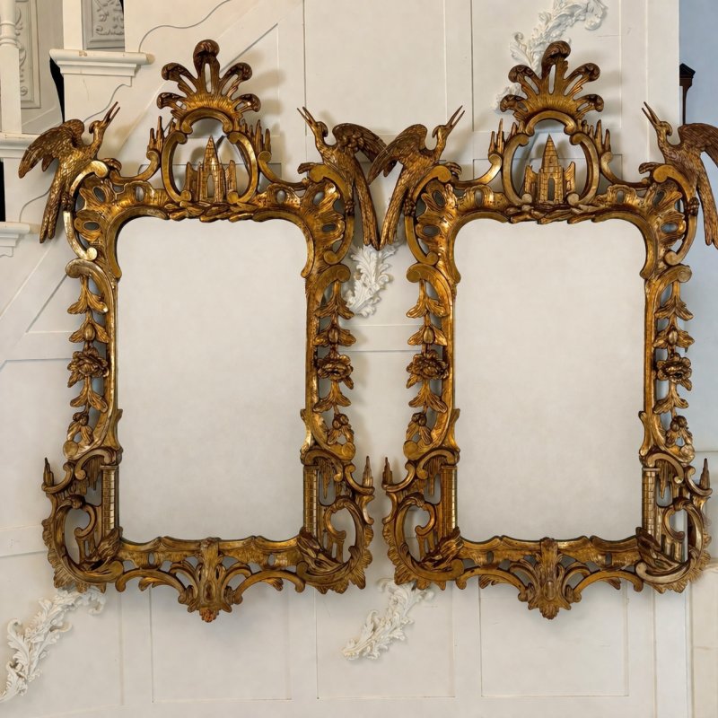 Antique Pair Giltwood Rococo Chinoiserie Wall Mirrors